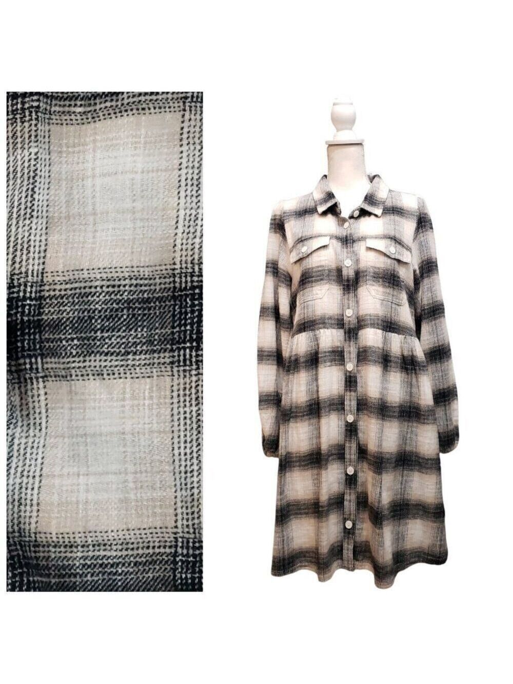American Eagle Women's Long Sleeve Plaid Dress Size L Beige Black